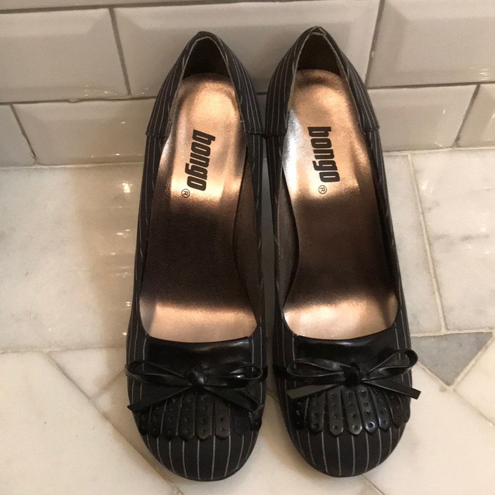 Black and white pinstriped heels